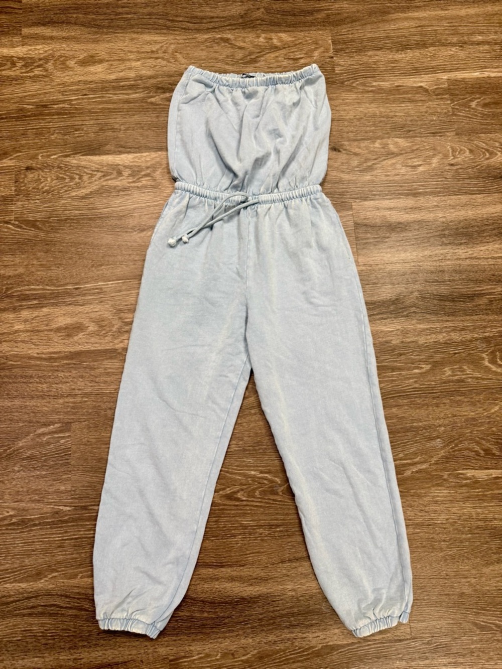 ZARA Strapless Blue Cotton Jumpsuit Tube Romper Jogger M - Picture 2 of 7